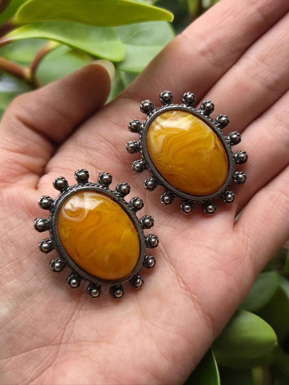 Vintage Ellen Designs Signed Mustard Marbled Cabochon Statement Clip-On Earrings